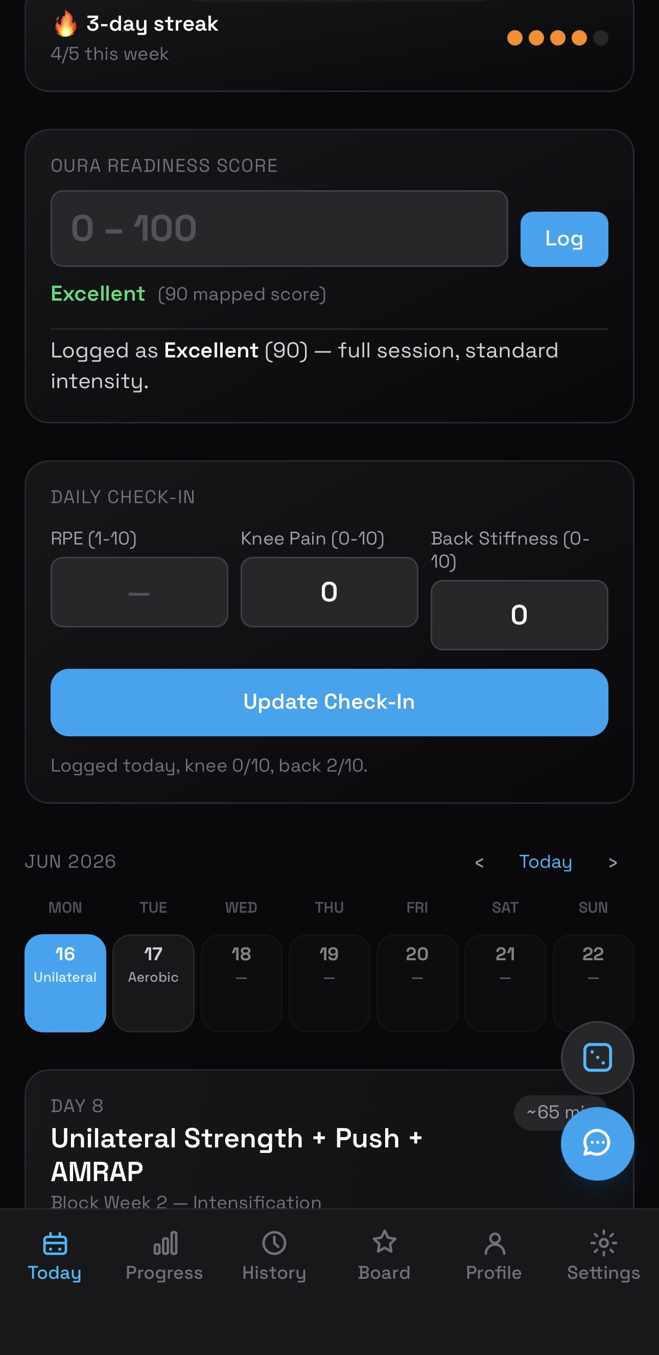 Daily session view with Oura readiness and calendar